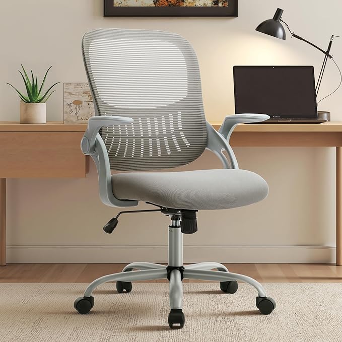 Sweetcrispy Home Office Managerial Executive Chair, Ergonomic Mesh Adjustable Swivel Mid-Back Chair with, Flip-up Arms, Comfortable Lumbar Support, Comfy Arms for Bedroom,Study,Student, Grey