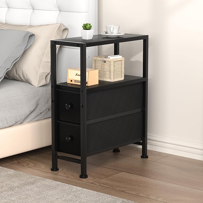 Small Narrow Side Table with Drawers, Skinny End Table for Small Spaces, Slim Nightstand with Storage, Sofa Bedside Table in Living Room, Bedroom, Study, Kitchen and Balcony (Black)