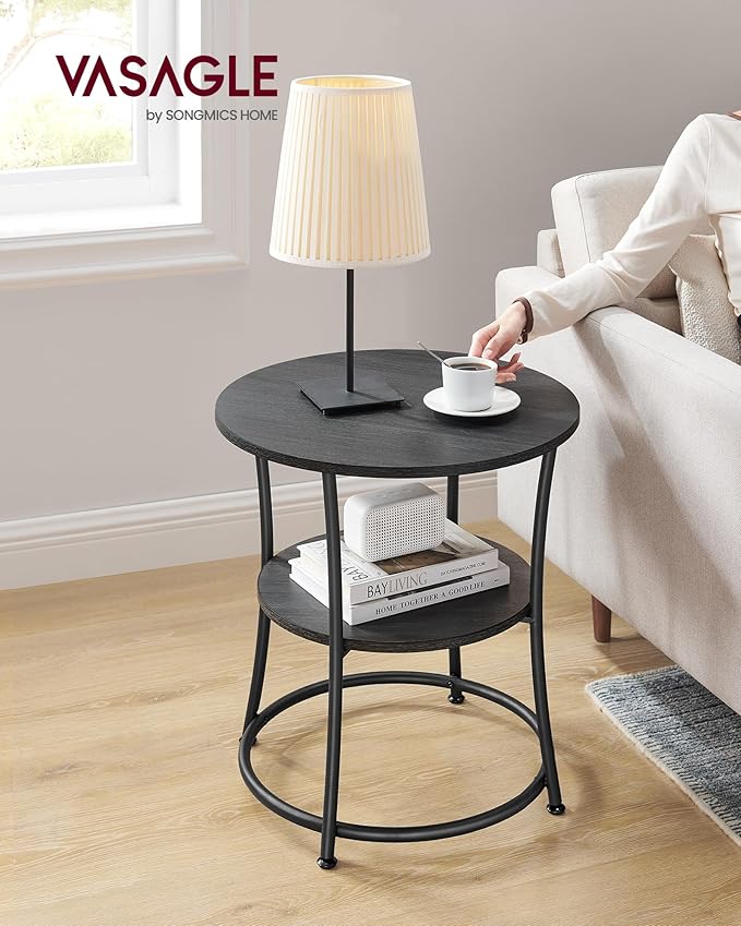VASAGLE 21.7-Inch Round Side Table, 2-Tier End Table, Nightstand with Steel Frame, Spacious Top, for Small Spaces, Living Room, Bedroom, Charcoal Gray and Ink Black ULET056B22