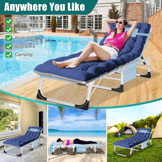 DoCred 3 in 1 Sun Tanning Chair Oversized with Face Arm Hole, Heavy Duty Folding Chaise Lounge Chairs, 5-Position Outdoor Lounge Chair for Beach, Pool, Lawn, Yard, Patio