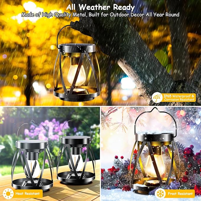 GARPAR Solar Lanterns Lights Outdoor Waterproof, Upgraded Metal Outdoor Lantern, Brighter Auto On/Off 18H Hanging Solar Lights for Outside Garden Yard Patio Porch Decor, Gift for Mom, 2 Pack