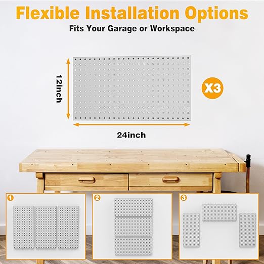 Pegboard Smith Metal Pegboard Panels 12" x 24", 3 Pack Grey Wall Mounted Tool