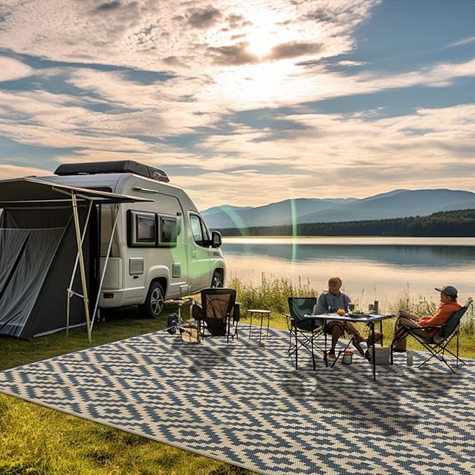 SAND MINE Reversible Mats, Plastic Straw Rug, Modern Area Rug, Large Floor Mat and Rug for Outdoors, RV, Patio, Backyard, Deck, Picnic, Beach, Trailer, Camping (8' x 10', Grey Tan Lattice)