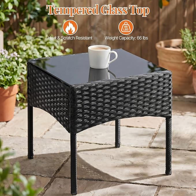 Sweetcrispy 3 Piece Patio Furniture Set, All-Weather Outdoor Wicker Bistro Set with Removable Cushions & Tempered Glass Table, Small Conversation Seating for Porch, Balcony, Deck, Backyard, Black