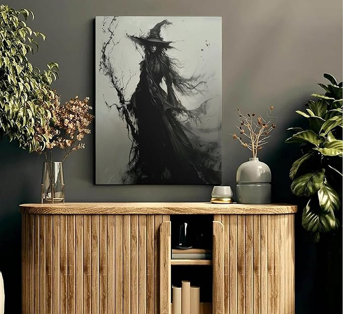 Vintage Halloween Witch Canvas Wall Art Creepy Witchy Macabre Dark Painting Picture Wall Decor Gothic Dark Academy Poster Print Artwork for Halloween Party Living room bedroom Home Decoration