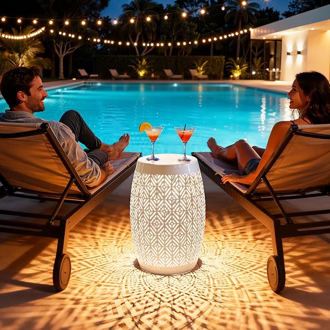 18" Cutout Metal Outdoor Side Table with 3-Mode LED Lights, Modern Decorative Drum End Table, Versatile Coffee Table/Garden Stool/Night Stand/Plant Stand for Patio, Living Room, Bedroom