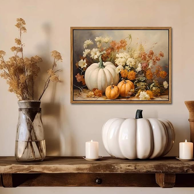 Framed Fall Pumpkin Canvas Wall Art - Farmhouse White & Orange Pumpkins Still Life Pictures Prints, Autumn Halloween Thanksgiving Wall Decor for Living Room Kitchen 12x16 inch