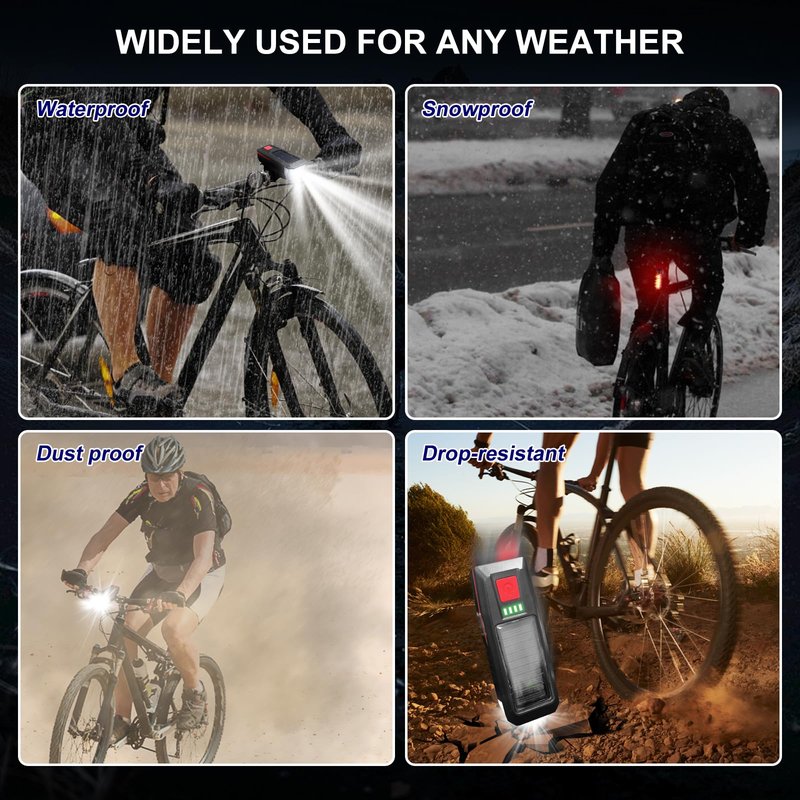 SODPE Bike Light, Sloar & USB Rechargeable Bicycle Light Set with Horn, Super Bright LED Bike Lights for Night Riding Front and Back, Waterproof Safety Headlight and Rear Taillight Set