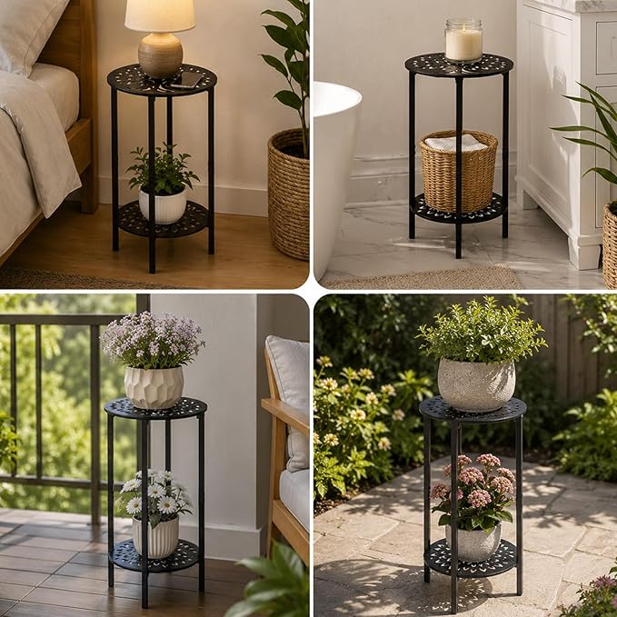 1 Pack 2-Tier Metal Round Side Table Black Accent Coffee Tables Small Space Corner Plant Stand Shelf for Indoor Outdoor Use Patio Balcony End Table Laser-Cut Floral Pattern Weather-Resistant