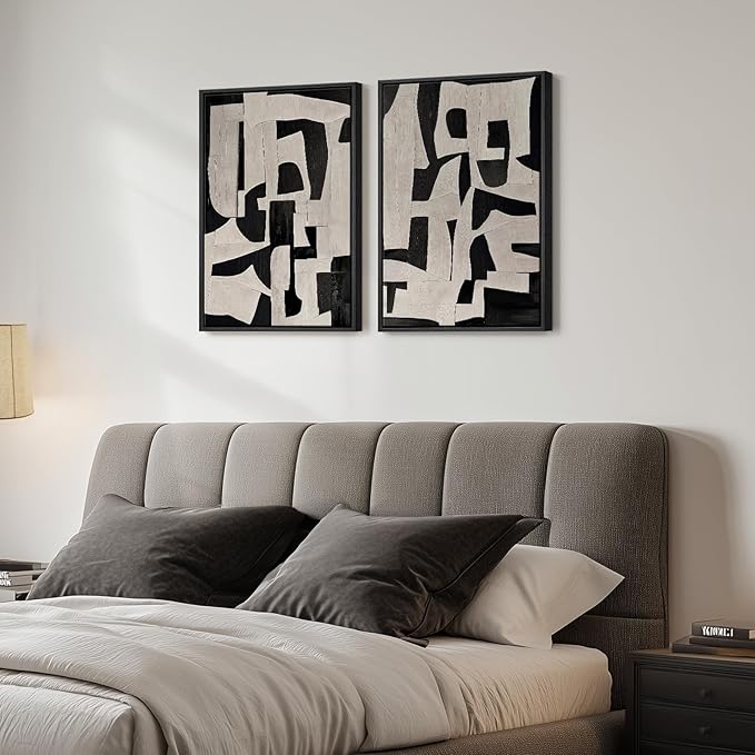 Framed Black and Beige Abstract Wall Art, 2 Piece Canvas Prints Paintings