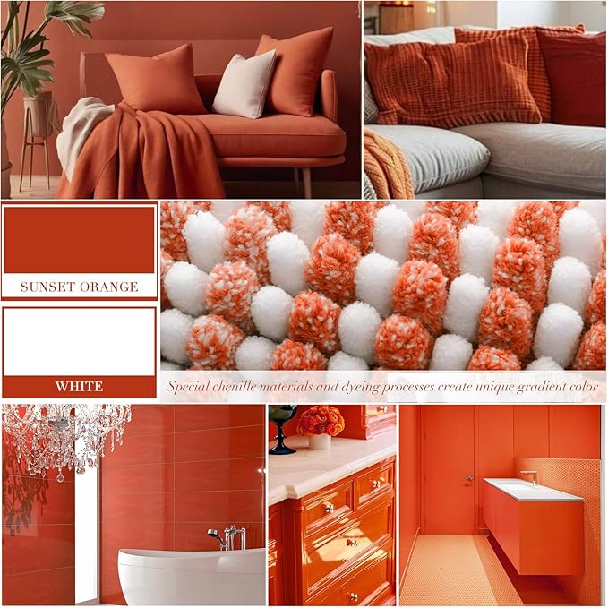 Bathroom Rugs and Mats Sets, 2 Piece Thick Absorbent Chenille Bath Mat Rug Set Non Slip, Soft Shaggy Bath Room Floor Mats for Bathroom, Machine Washable (Sunset Orange, 20" x 60" Plus 20" x 32")