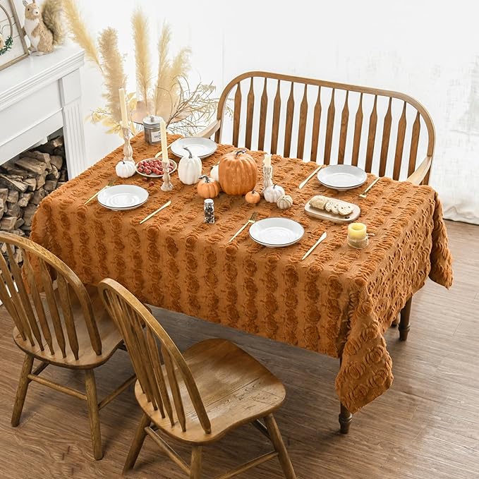 Horaldaily Fall Tablecloth 60x104 Inch Rectangular, Caramel Soft Plush Faux Fur Pumpkin Table Cover, Thanksgiving Autumn Harvest Dining Table Decoration for Home Party Dinner