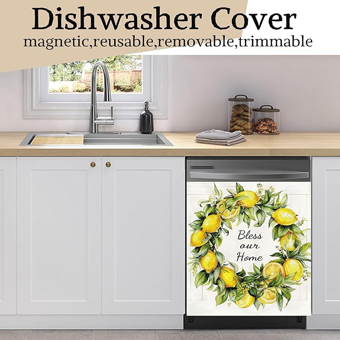 Generic Lemon Wreath Dishwasher Magnet Covers, Bless Our Home Fruits Painting Dishwasher Door Season Decorative Magnetic Stickers, 23x26 Floral Panel Decals for Kitchen Decor Refrigerator