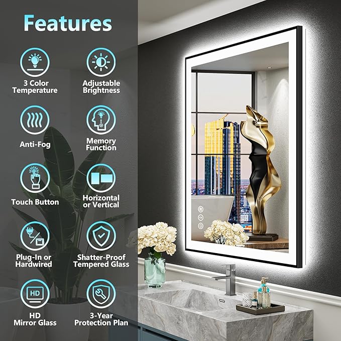 28x36 Black Framed LED Bathroom Mirror