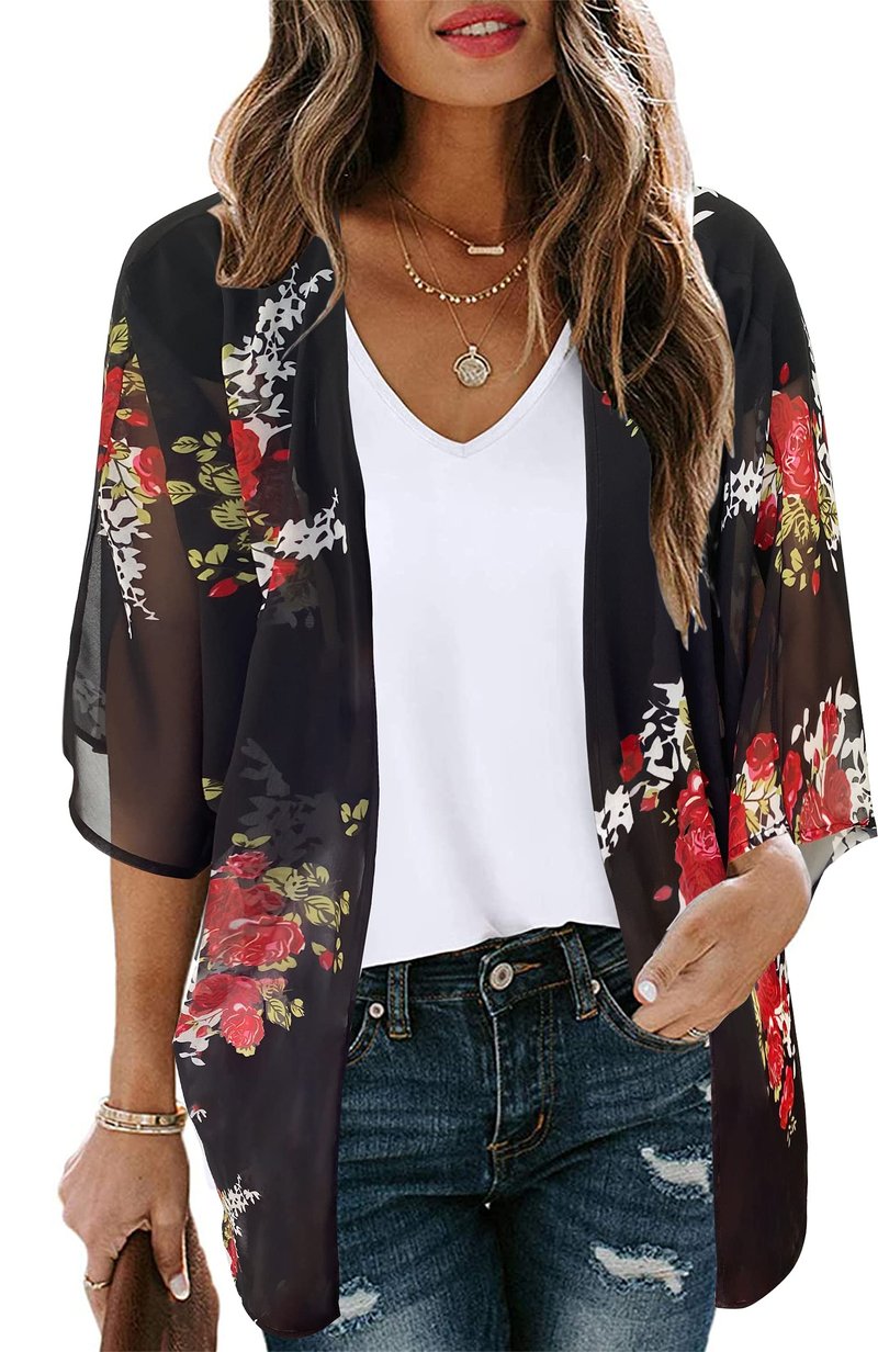 Women's Floral Kimono Print Puff Sleeve Loose Cardigan Cover Up Casual Blouse Summer Tops (Blue Yellow Floral, 2XL)