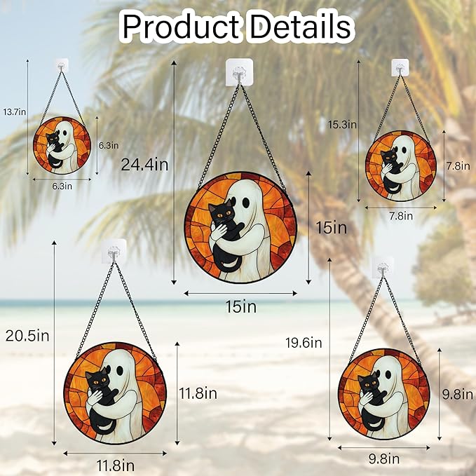 Stained Glass Window Hanging - Halloween Decorations White Ghost Black Cat Suncatcher for Doors Garden Spooky Funny Orange Sun Catchers Gothic Decor Horror Gifts for Women Men Friend 7.8 in