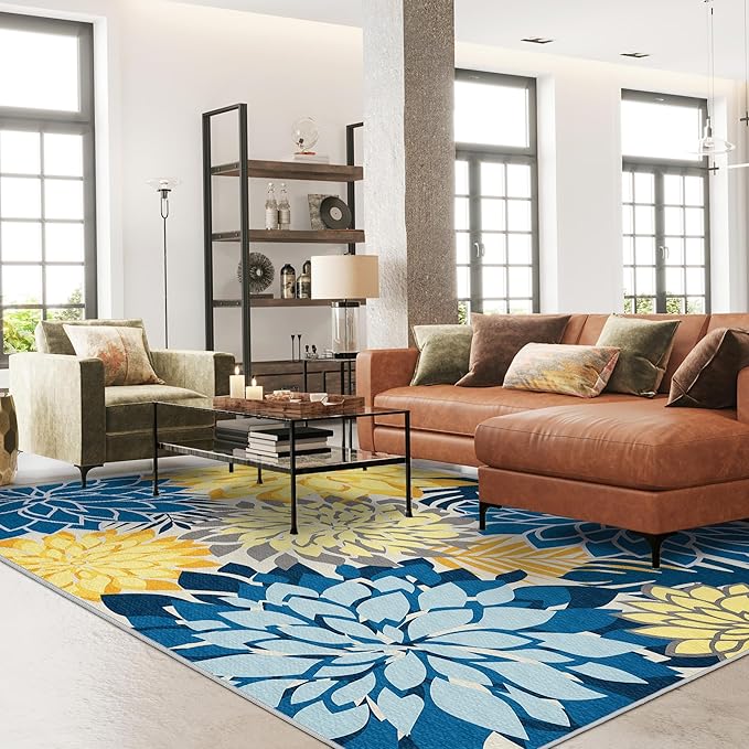 Colorful 9x12 Outdoor Area Rug Washable Multicolored Patio Rug Tropical Botanical Floral Chenille Waterproof Outdoor Carpet Non-Slip for Deck, Backyard, Porch, Ocean Dahlia