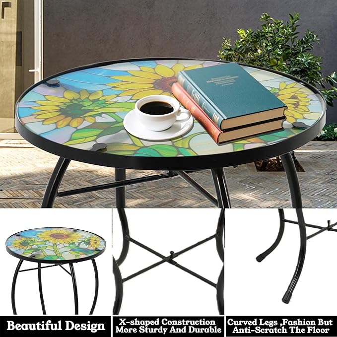 Small Side Table with Metal Frame, 10.5" Round Side Tables with Sunflower Pattern,Outdoor Table for Balcony,Terrace,Garden,Living Room