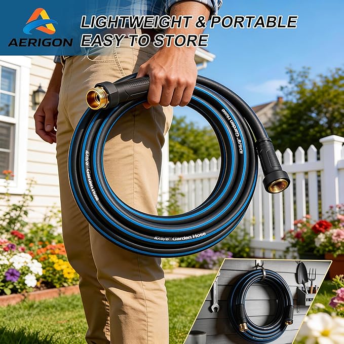 Heavy Duty 5/8 in x 25FT Non-Expandable Garden Hose, Lightweight Rubber Hybrid Water Hose, Kink Resistant Flexible & Durable, Leak-Free 3/4" Brass Male to Female Fittings for Lawn Patio