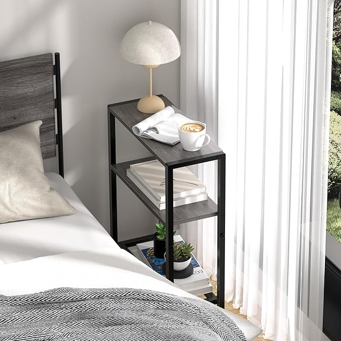 Narrow Side Table for Small Space, 2-Tier Small End Table with Shelf Holder, Slim Nightstand, Skinny Snack Couch Table in Living Room, Bedroom, Study, Kitchen and Balcony (Grey)