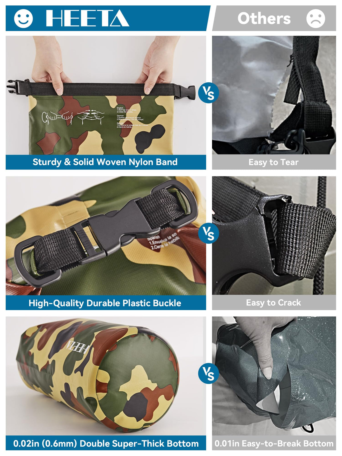 HEETA Waterproof Dry Bag for Women Men, Roll Top Lightweight Dry Storage Bag Backpack with Emergency Whistle for Travel, Kayaking, Boating, Camping, Beach, Cruise Ship Essentials (New Camouflage, 5L)
