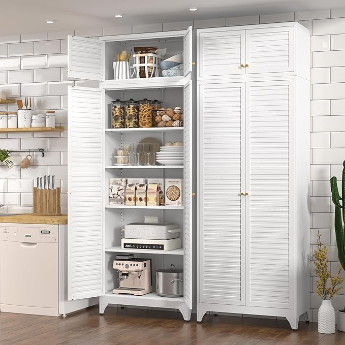 Kitchen Pantry Cabinet, 90" Tall Metal Storage Cabinet, Food Pantry cabinets with Doors and Shelves, Steel Cabinets for Living Room, Dining, White,16" D x 32" W x 90" H, Assembly Required