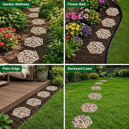 6 PCS River Rock Stepping Stones Outdoor, 12Inch Hexagon Pavers Pebbles Polished Gravel for Garden Walkway