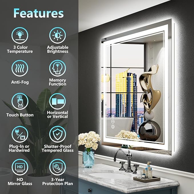 28x36 LED Bathroom Mirror with Lights, Backlit and Front Lit Anti-Fog Lighted