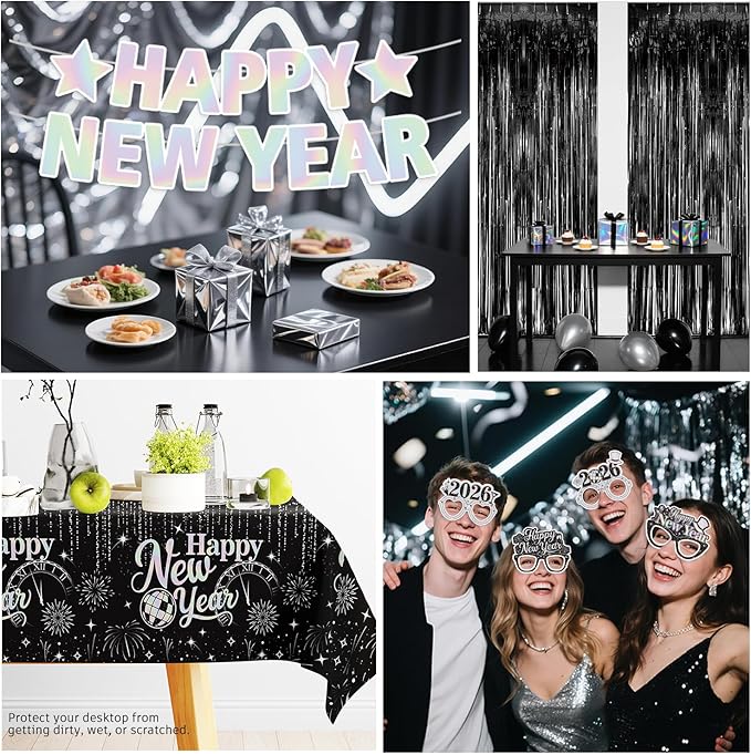 New Years Decorations 2026, New Years Eve Party Banner, Glasses, Foil Balloons, Black Fringe, Happy New Year Plates and Napkins, Silver and Black Nye Party Decorations New Year's Eve Party Supplies