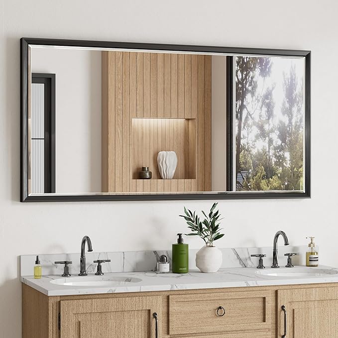 48 x 24 Black Framed Mirror for Bathroom, Beveled Black Bathroom Vanity Mirror