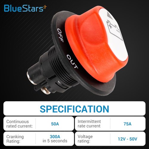 BlueStars Battery Isolator Selector Switch - 50A Continuous, 75A Intermittent, Waterproof for Boats & RVs
