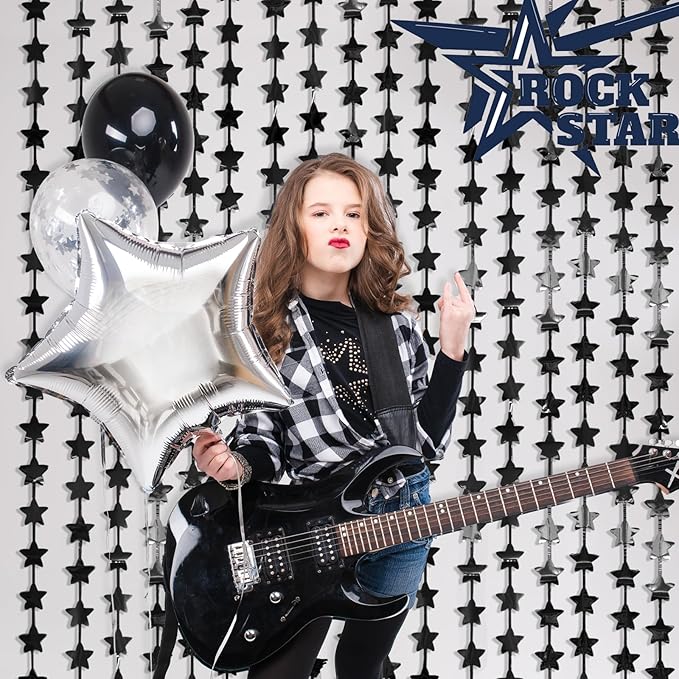 LOLStar Black Stars Birthday Decorations for New Years Eve 2026 Men Boy 2Pack 3.3X6.6ft Each Black Backdrop Star Foil Fringe Curtains for Happy to My 20s Party Supplies nye Streamers Graduation Decor