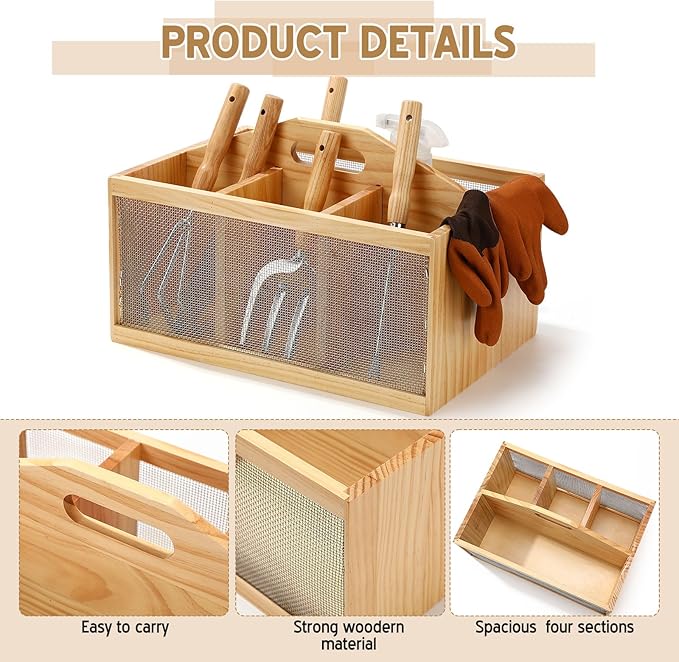 Teenyyou Garden Tool Organizer Wooden Garden Caddy with 4 Compartments and Handle Portable Gardening Tool Basket Nesting Box Practical Gardener Gift for Gardening Lovers