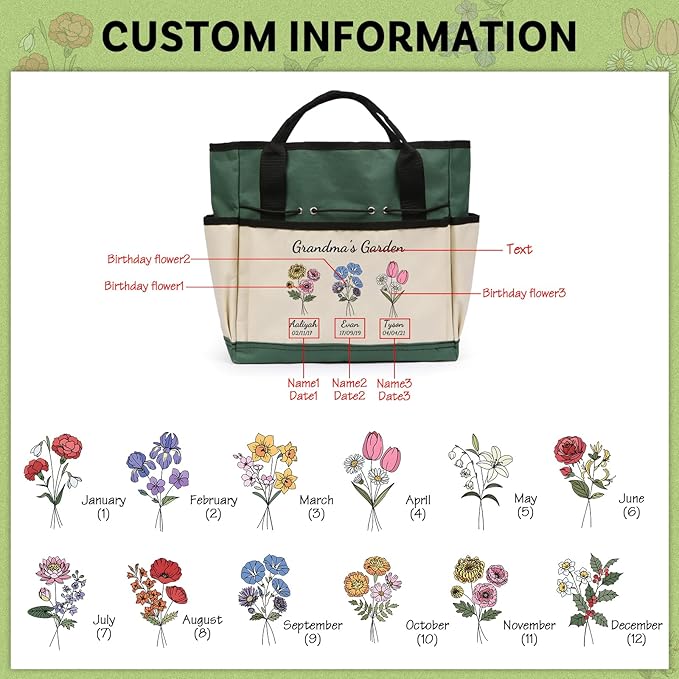 Personalized Garden Tools Set for Women: Custom Text Garden Tool Bag and Garden Shovel & Transplant Shovel & Hand Rake - Gardening Gifts for Mom Grandma Gardening Lover (3 Flowers)