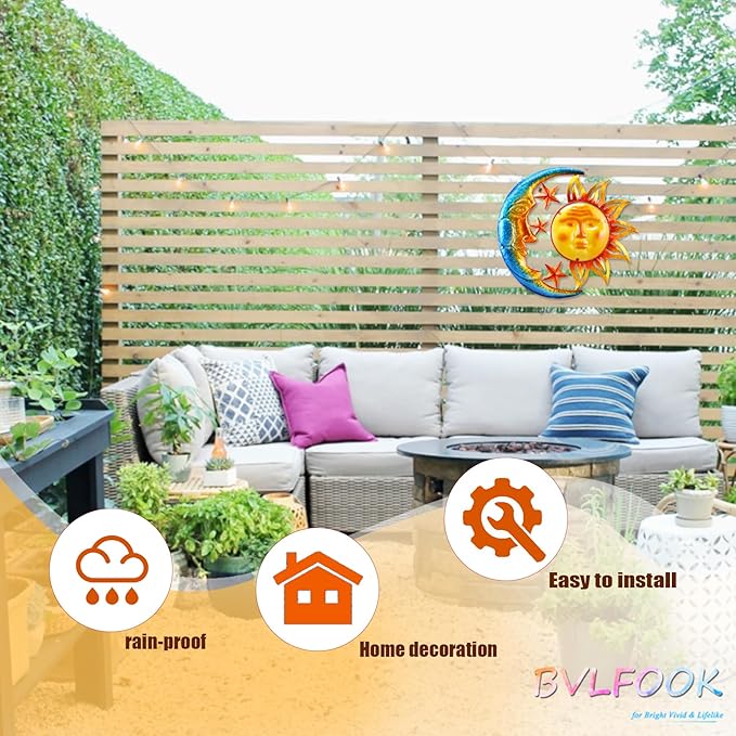 Large 19 Inch Metal Sun Moon Star Wall Art Decor, Bright Color Inspirational Valentine, Resistant to Rust Metal Sculpture Hanging for Indoor Outdoor Home Living Room Office Yard Garden