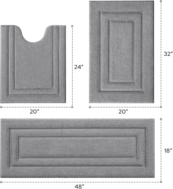 HOMEIDEAS Bathroom Rugs Sets 3 Piece, Microfiber Shaggy Bath Mat Set, Non-Slip Ultra Soft Carpet Mats, Large Rugs with U-Shaped Toilet for Bathroom, Tub, Shower, Grey