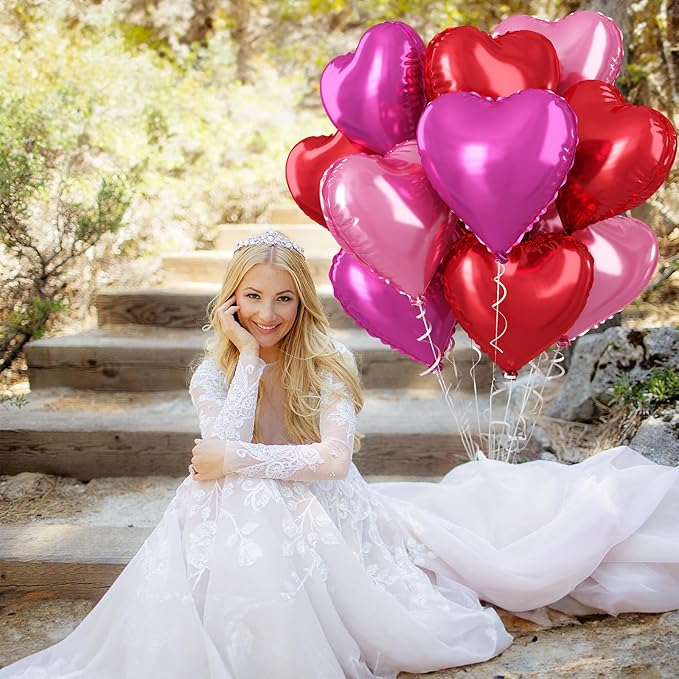 Hot Pink Foil Heart Balloons, 12 Pcs 18 Inch Mylar Heart Shaped Pink & Red Party Decoration for Birthdays, Weddings, Anniversaries, Valentine's Day