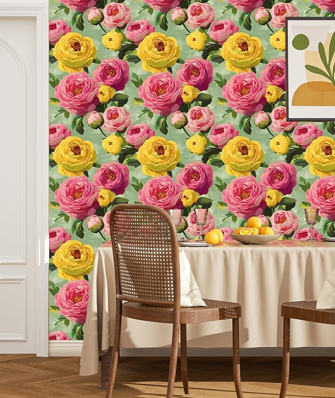 BOKEBEVE Colorful Floral Wallpaper Stick and Peel Vibrant Wall Paper Modern