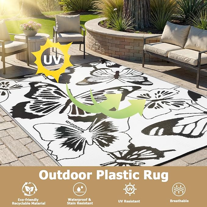 Beeiva Butterfly Outdoor Patio Rug 9x12, Waterproof Reversible Plastic Straw Rug, Outside Mats for Camping, Deck, Balcony, Backyard - Black & White