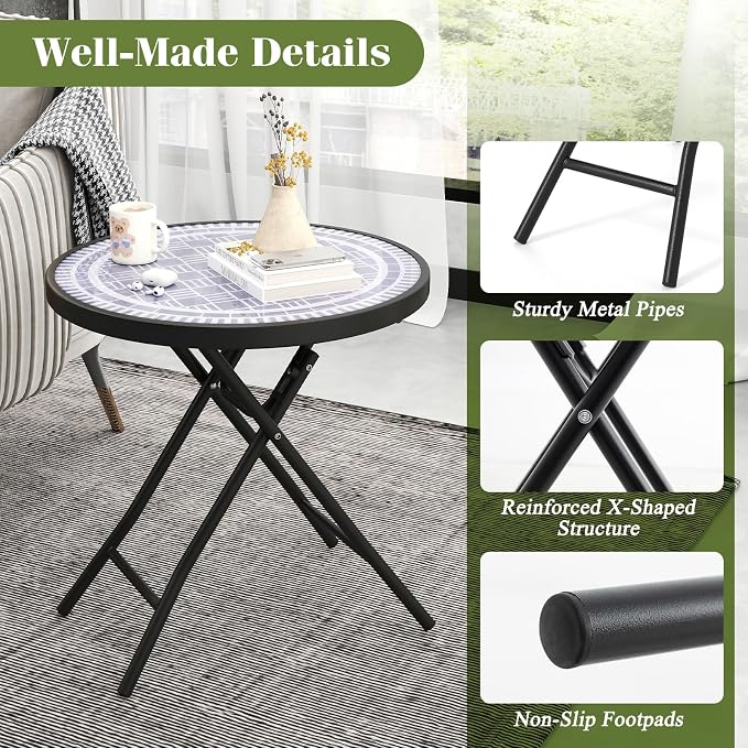 Giantex Folding Outdoor Side Table with Tempered Glass Tabletop & Metal Frame, Portable 18” Round End Table for Patio, Sofa Side, Yard, Porch, Poolside Living Room, Grey