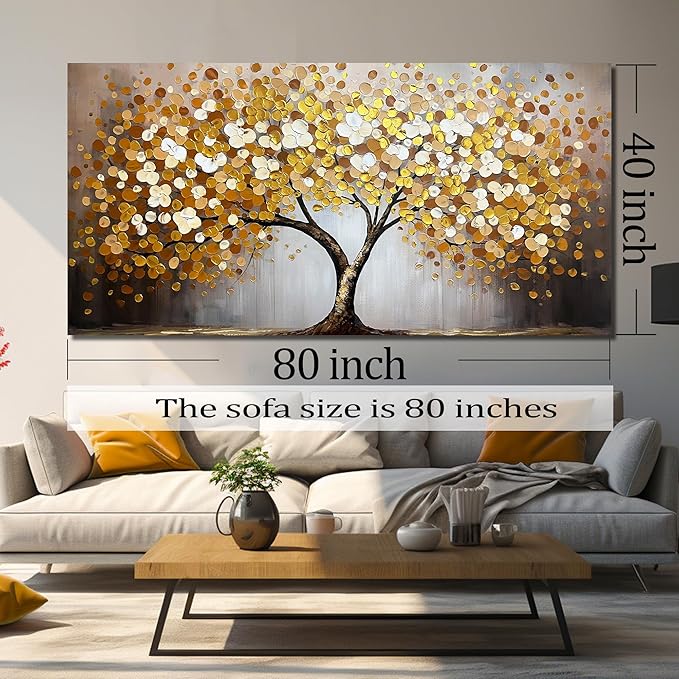 Tree of Life Canvas Wall Art for Living Room Gold and White Wall Decor for Office Extra Large Painting Canvas for Dining Room Size 40 x 80 Inch