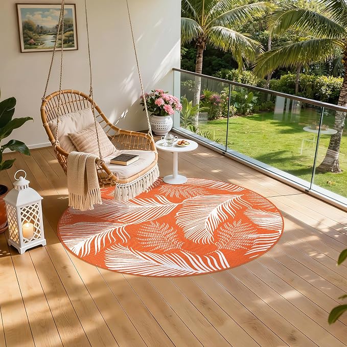 Pauwer Waterproof Outdoor Rug 6ft, Reversible Plastic Straw Patio Camping Rug, Indoor Outdoor RV Mat Carpet for Deck, Camper, Porch, Balcony, Backyard, Picnic, Leaf Orange