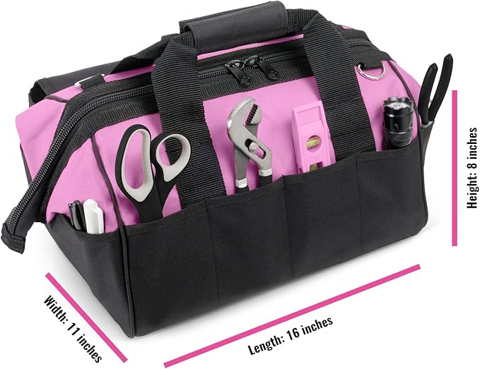 Pink Power Pink Tool Bag for Women -16" Tool Tote Bag w/ 22 Storage Pockets - Womens Small ToolBag Ladies ToolBox for Hand Tools, Power Kits & More - Womens Zipper Toolbag Caddy Organizer