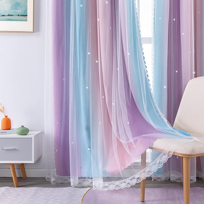XiDi Curtains for Bedroom Decor, Rainbow Pink Purple/34/45