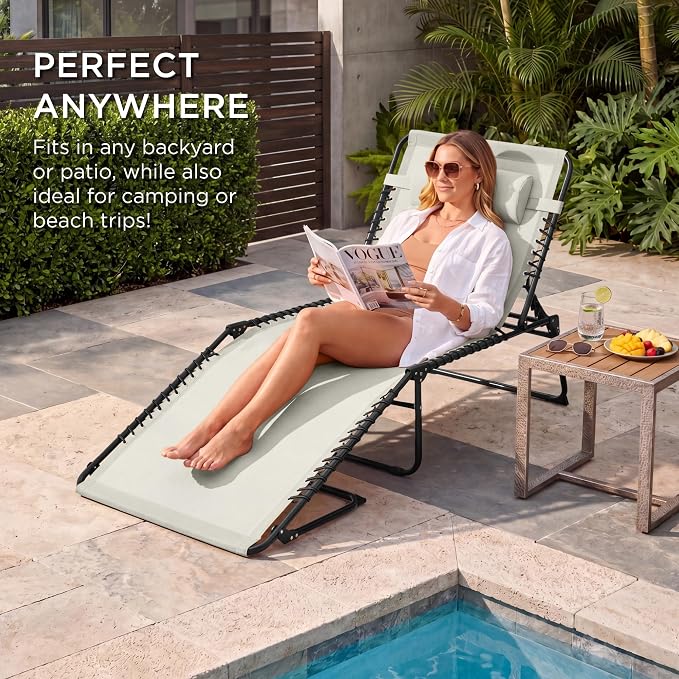 Best Choice Products Extra Wide Patio Chaise Lounge Chair, Portable Outdoor Folding Recliner for Lawn, w/ 8 Positions, Handles, 440lb Capacity - Ivory