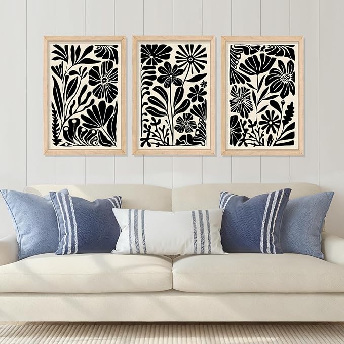 YWJKWLGS Abstract Floral Wall Art Set of 3, 11x16 Inch Black Boho Flower Prints