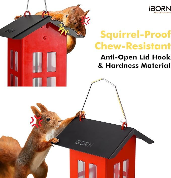iBorn Bird Feeder House, Metal Bird Feeders for Outdoors Hanging,Double-Sided Metal Hanger & Weatherproof, Easy to Clean & Refill, 2.2 Lbs Capacity, Red