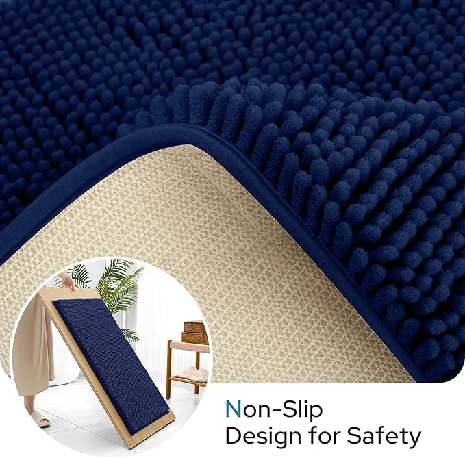 BYSURE Navy Blue Bathroom Rugs Sets 3 Piece with Toilet Lid Cover Non Slip Extra Absorbent Plush Chenille Soft Washable Bath Mats