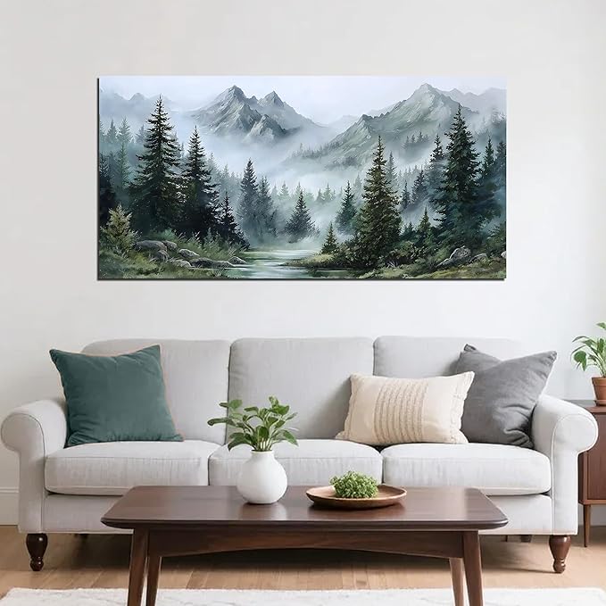 Tarfupth Large Misty Forest Wall Art for Living Room Green Nature Mountain Landscape Canvas Artwork with Trees and River Nature Art for Bedroom Office Home Decor 24x48 Inch