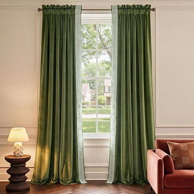 NICETOWN Rod Pocket Embroidered Trim Velvet Curtains, 2 Panels, Olive Green
